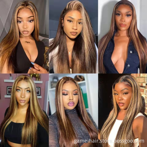 Highlight Straight Lace Front Wig P4/27 Honey Blonde Brown Pre Plucked Brazilian Remy Lace Frontal Human Hair Wigs For Women